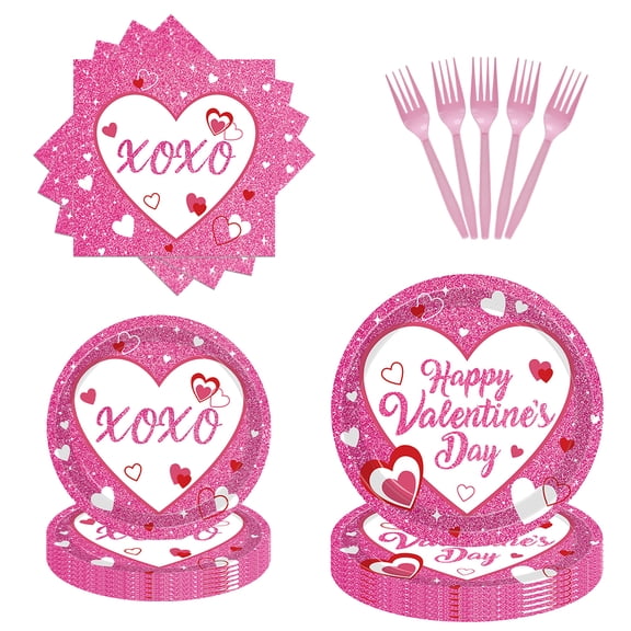 Valentine's Day Party Supplies Galentine's Day Pink XOXO Paper Plates Napkins Forks for Romantic Valentines Party Decorations -16 Guests