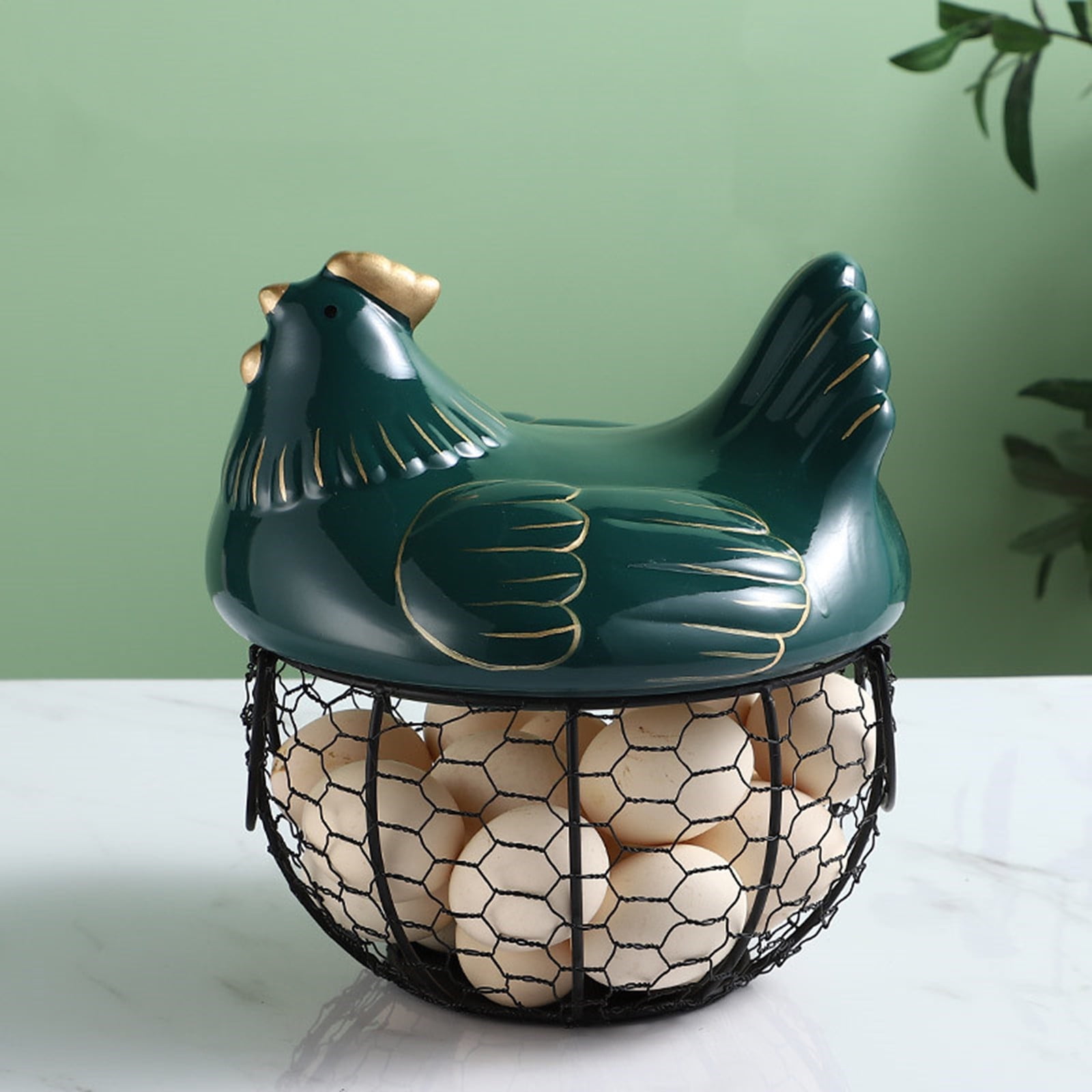 Dengmore Eggs Holder Basket Organizer Storage Ceramic Fruit Container Kitchen Hen Decor Green