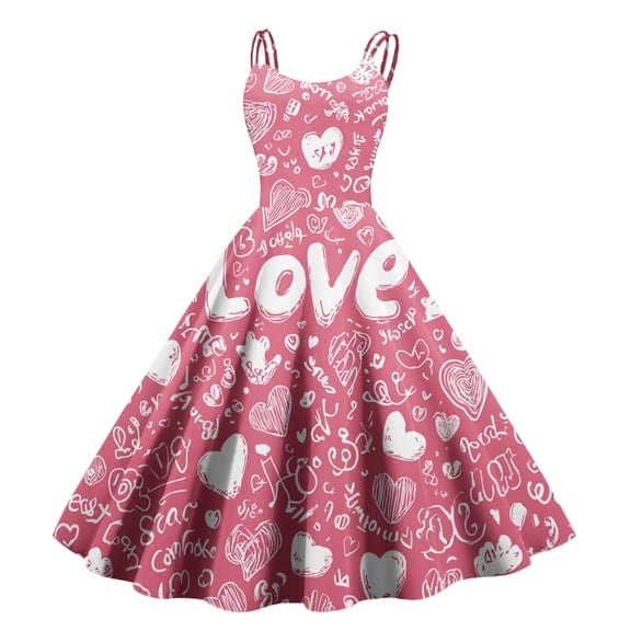 Valentines Day Sleeveless Vintage Dress Heart Print Pattern Casual A-line Midi Summer Dresses Pink 2XL