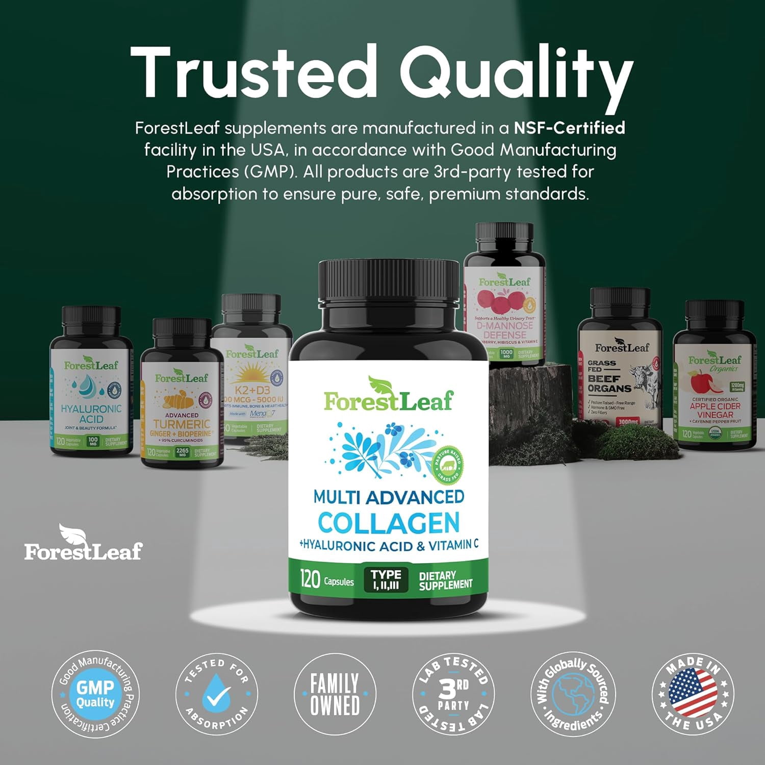 Forest Leaf Collagen Pills Collagen Peptides with Hyaluronic Acid & Vitamin C, 120-Count