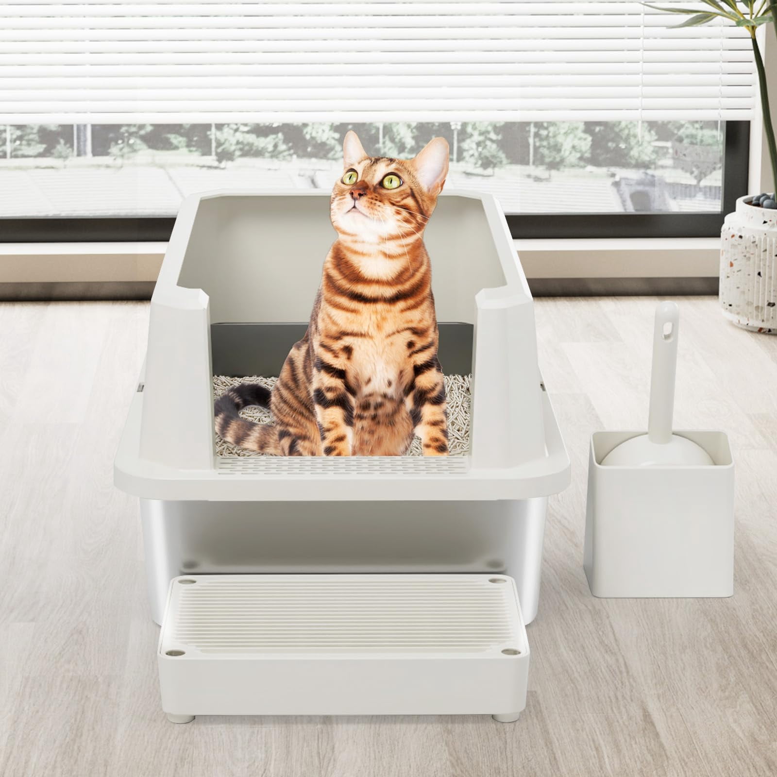 Open Cat Litter Box: Large Beige Stainless Steel Pan 23.8" X 15.9" 12.4" - High Sided Splash-proof Easy Clean Toilet For Cats Up To 20 Lbs Ideal Laundry Areas Apartments