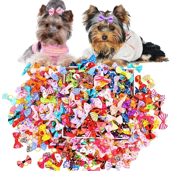 100 Pcs Dog Hair Bows with Rubber Band for Small Dogs Puppy Hair Accessories Grooming Bows Pet Bowknot for Cat Poodle Shih Tzu