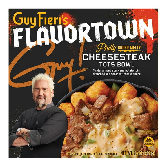 Guy Fieri's Flavortown Philly Super Melty Cheesesteak Tots Bowl with Shaved Steak and Cheese Sauce, 9.5 oz (Frozen)