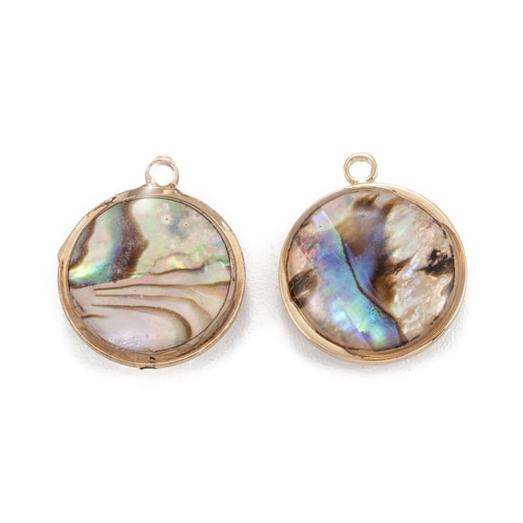 Natural Paua Shell Pendants with Golden Brass Findings Flat Round 16.5x14x5.5mm Hole: 1.5mm Paua Shell