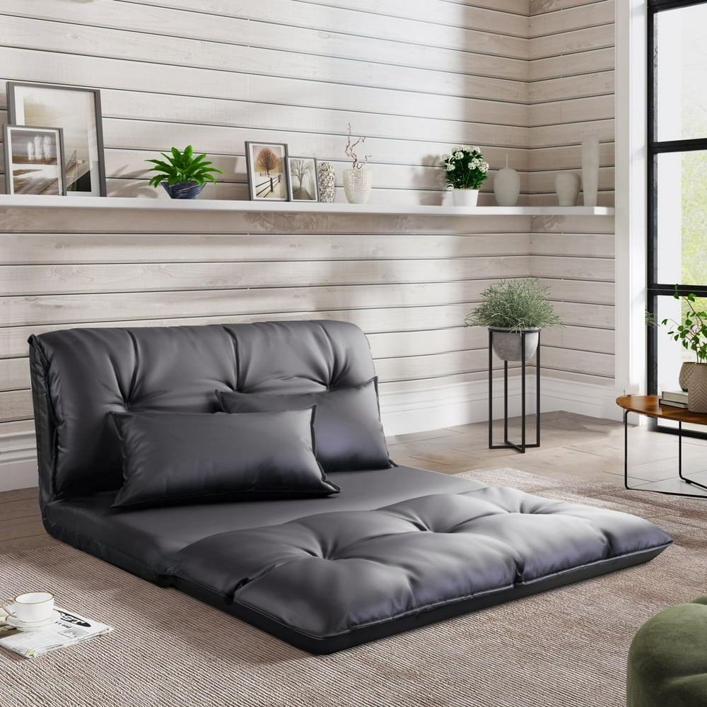 PU Leather Floor Sofa Chair with 2 Pillows, Adjustable Futon Sofa Bed Lounge Floor Mattress Lazy