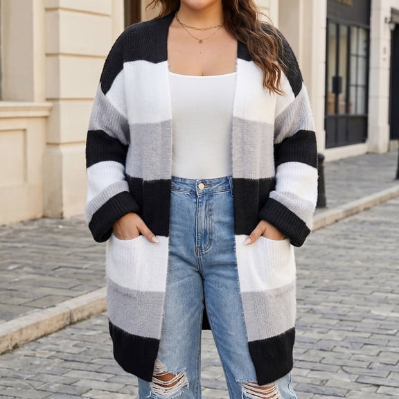 Meichang Plus Size Striped Cardigan Sweaters for Women Open Front Long Sleeve Knit Cardigan Fall Winter Soft Casual Outwear with Pockets