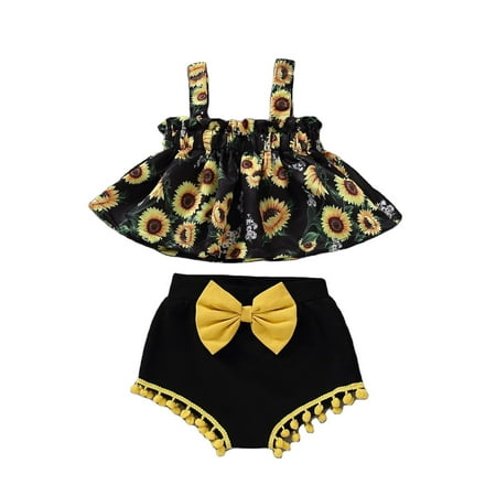

YJ.GWL Baby Girls Sunflower Print Top Blouse Vest Tassel Bowknot Shorts Set 2Pcs Casual Outfits