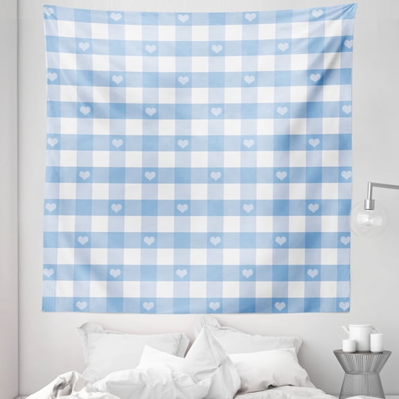 Checkered Tapestry, Gingham Motif with Little Hearts Pastel Blue Shower Theme, Fabric Wall Hanging Decor for Bedroom Living Room Dorm, 5 Sizes, Pale Blue White, by Ambesonne