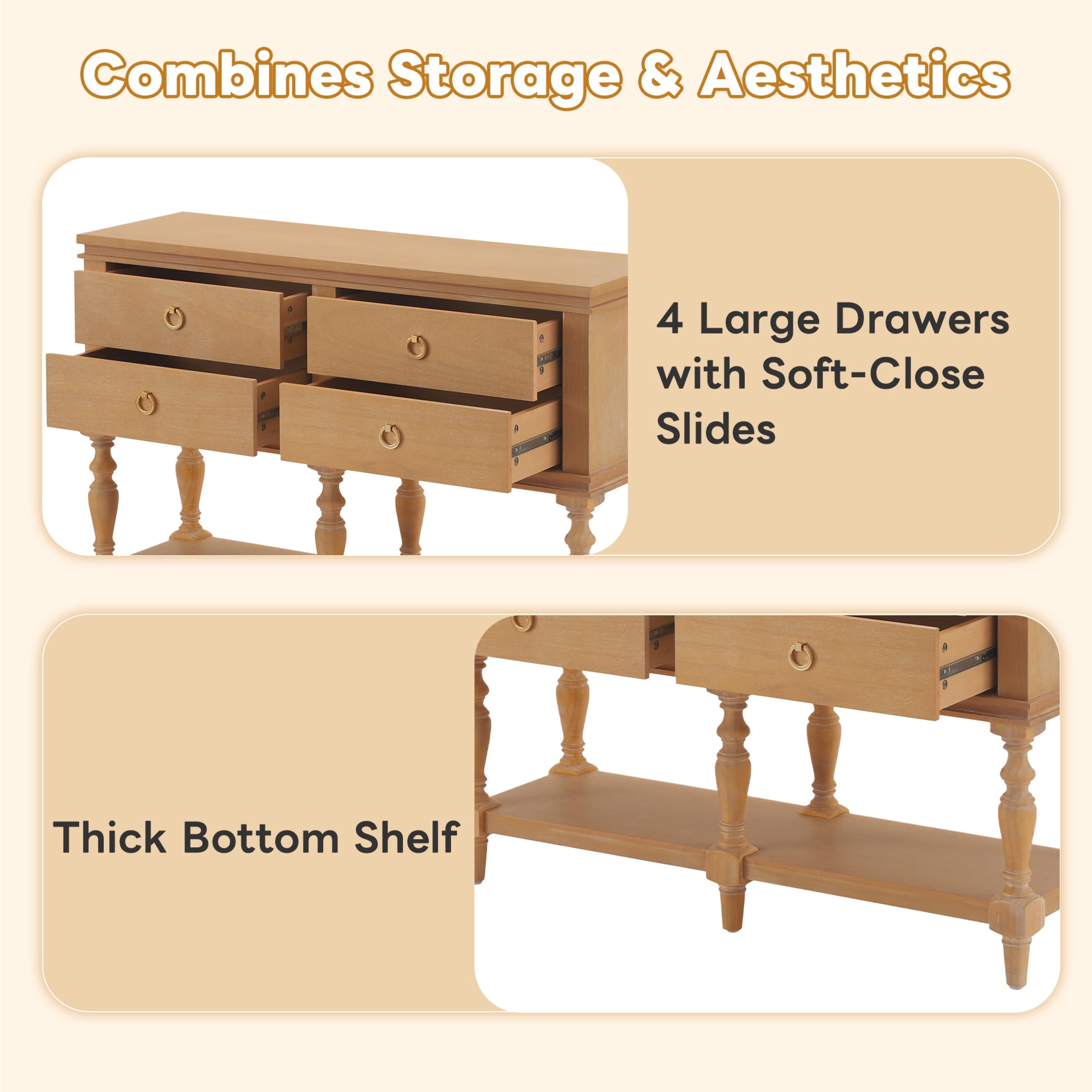 Christopher Knight Home 42" Vintage Console Table with 4 Soft-Close Drawers, Bottom Shelf, Natural