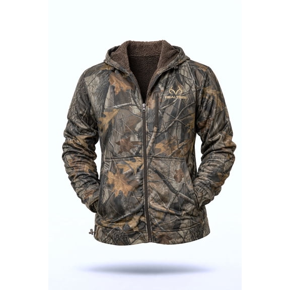 Realtree Hardwoods Camo Hunting Hoodie Jacket - High Pile Pullover for Men and Women, L