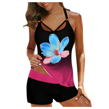 

JINMGG 2023 Bikinis for Women Clearance Women Plus Size Print Strappy Back Tankini Set Two Piece Swimdress Panty Bathing Pink S