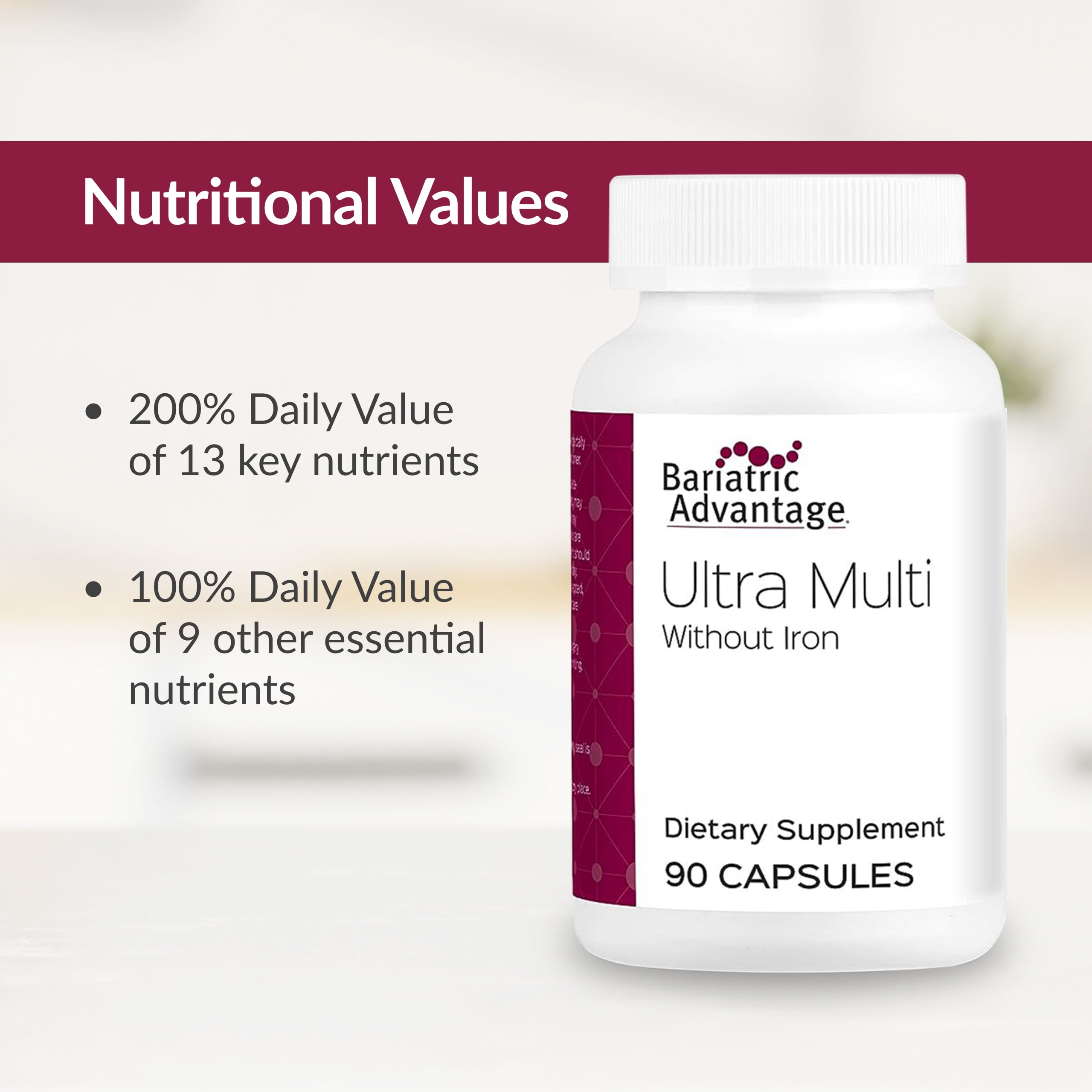 Bariatric Advantage Ultra Multi Without Iron - High Potency Multivitamin - For Bariatric Surgery Patients - Bariatric Multivitamin Capsule - With Calcium, Vitamin C & More - 90 Capsules