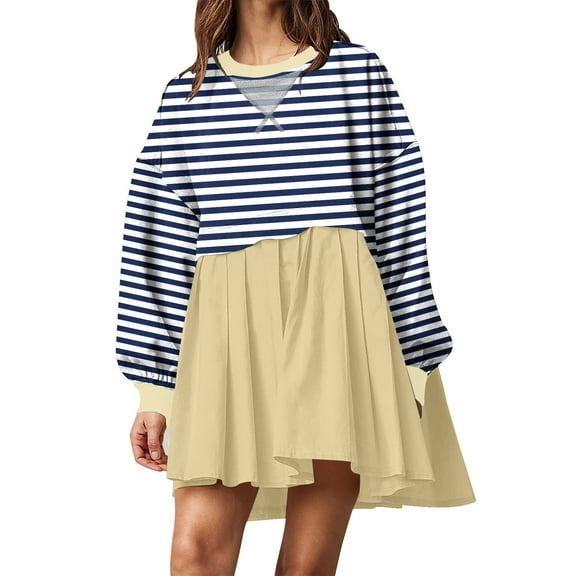 Fengyings Clearance Women Oversized Patchwork Mini Sweatshirt Dress Color Block Long Sleeve Crewneck Loose Pullover Pleated Dresses