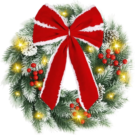 Guvpev Lighted Christmas Wreath for Front Door Decor 16.5" Green Winter Wreath with LED String Lights for Home Wall Window Porch Farmhouse Indoor Outdoor Decorations Berries Pine Cones Bow