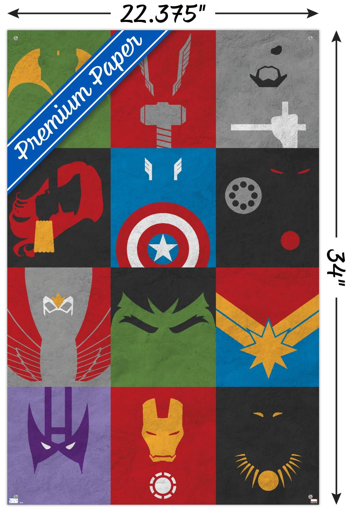 Marvel Comics - Avengers - Minimalist Grid Wall Poster with Push Pins, 22.375" x 34"
