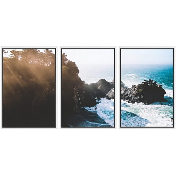 wall26 - 3 Piece Framed Canvas Wall Art - Seashore with Huge Waves in The Morning - Modern Home Art Stretched and Framed Canvas Ready to Hang - 16"x24"x3 White