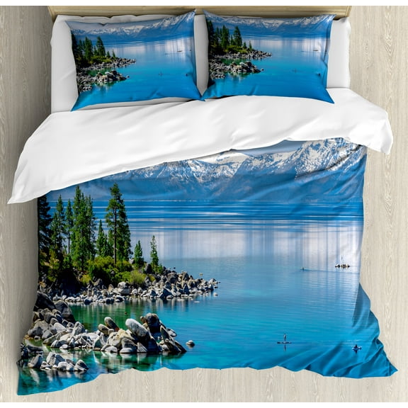 Landscape Duvet Cover Set, Blue Waters of Lake Tahoe Snowy Mountains Pine Trees Rocks Relax Shore, Decorative 3 Piece Bedding Set with 2 Pillow Shams, Queen Size, Pale Blue Green Grey, by Ambesonne