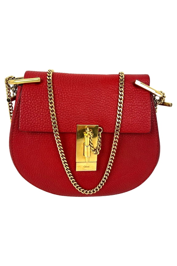 Pre-Owned Chloe Mini Drew Leather Grained Lambskin Red Crossbody Bag