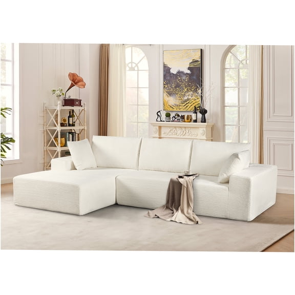 JERFIT Convertible Sectional Sofa Couch with Full Foam Cushions, No Assembly Corduroy Sleeper Sofa for Living Room, Reversible Modular 4-Seat L-Shape Couch, Ivory Left Facing