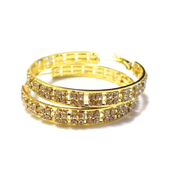 Crystal Earrings 2 inch Hoops Thick Hoops Rhinestone Gold Tone Hoops