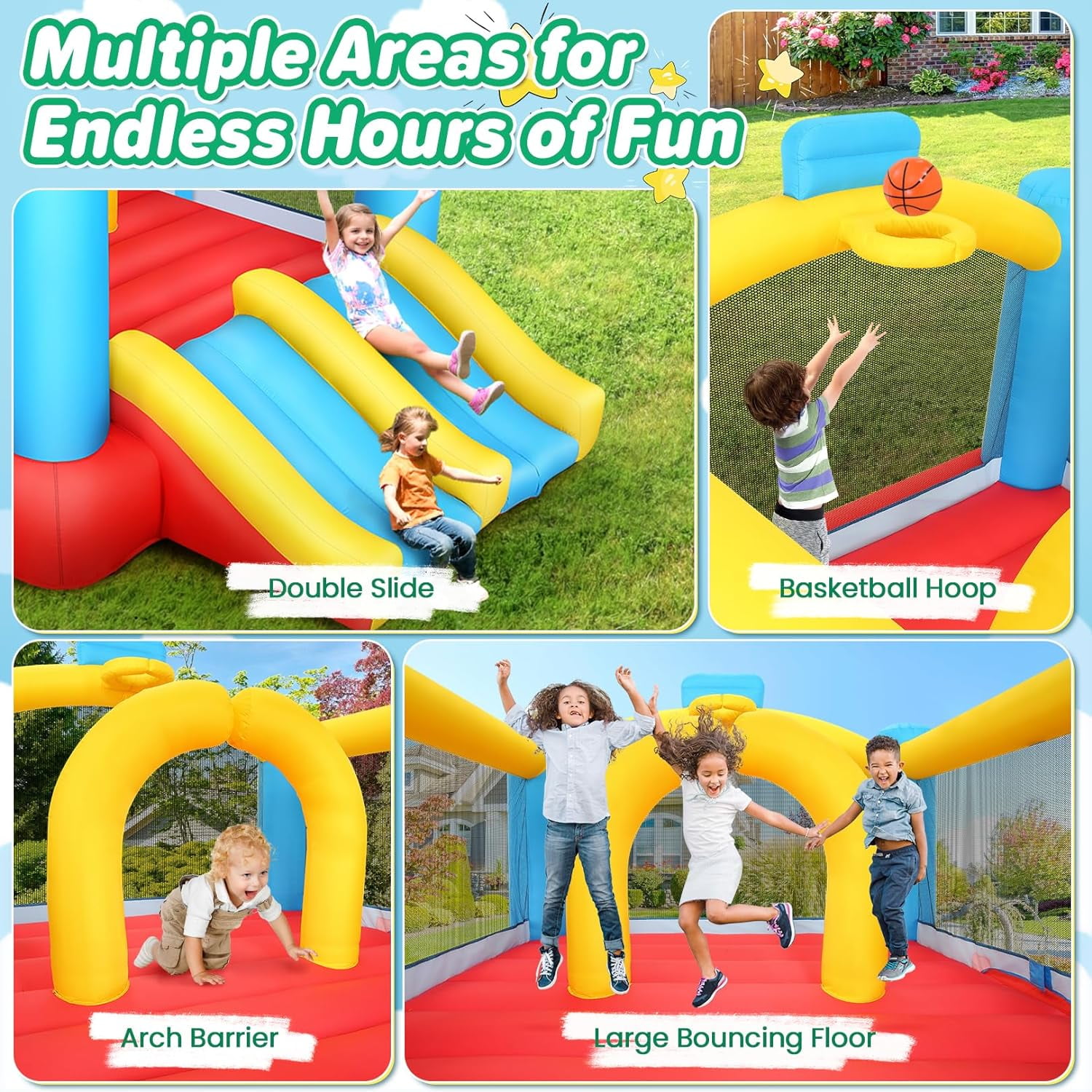 Adnoom Inflatable Bounce House, Children's Indoor/Outdoor Jumping Castle with 470W Blower, Compact Inflatable Bounce Castle with Double Slide, Basketball Hoop for Kids 3-10 Years