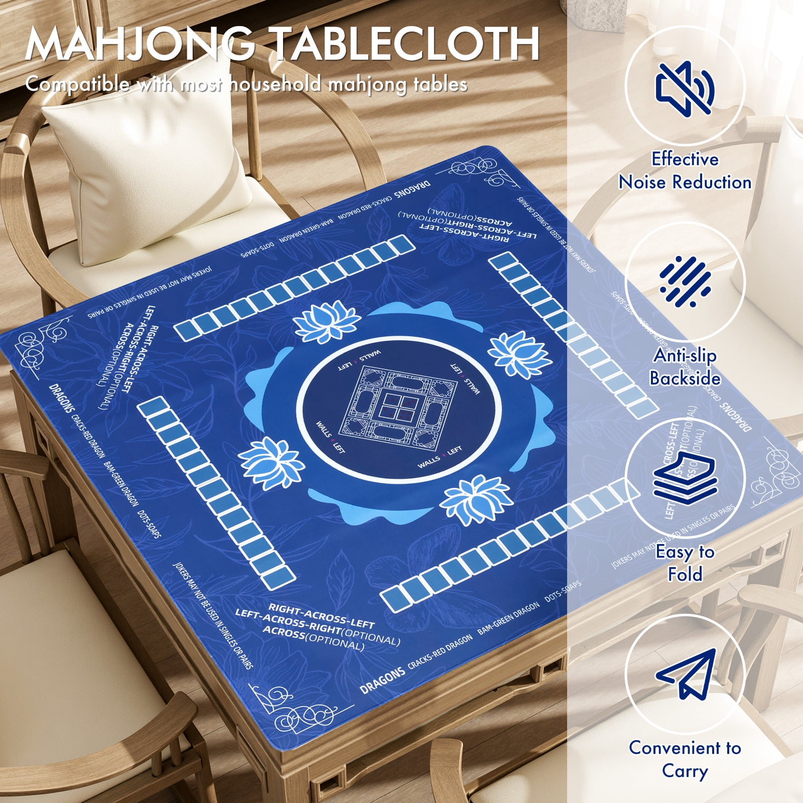 Threns Mahjong Mat with Rules, 31.5 Inch Square Mahjong Mats for Table, Quiet Noise Reduction Table Mat with Black Carrying Bag for Poker, Board Games, Tiles Game and Dominoes