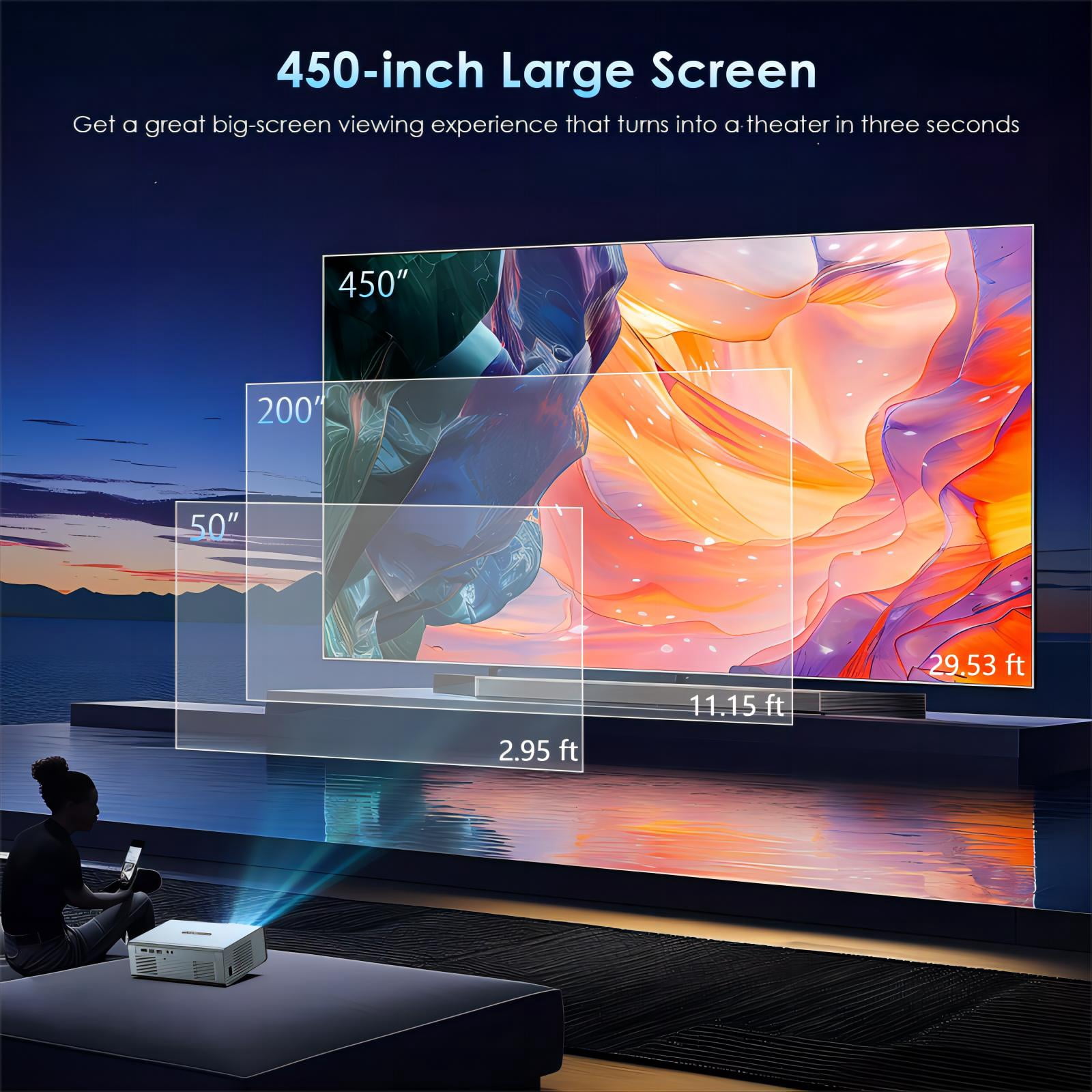 Hewcham Bluetooth Projector with WiFi, Auto Keystone, Electric Focus, 450-Inch Full HD Multimedia, Gray