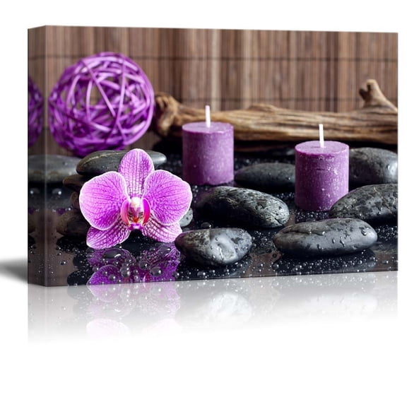 wall26 Canvas Print Wall Art Zen Stones with Purple Orchid and Calming Candles Nature Floral Photography Realism Rustic Colorful Multicolor Ultra for Living Room, Bedroom, Office - 32"x48"