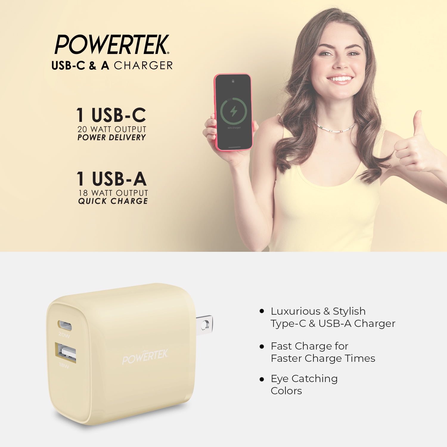 Liquipel Powertek Denim Dual USB-A / USB-C Wall Charger - Cream