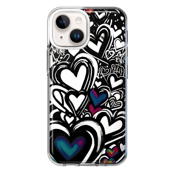 MUNDAZE Case for Apple iPhone 15 Plus Hybrid Shockproof Slim Hard Soft TPU Shell Heavy Duty Protective Phone Cover - Black White Hearts Love Graffiti