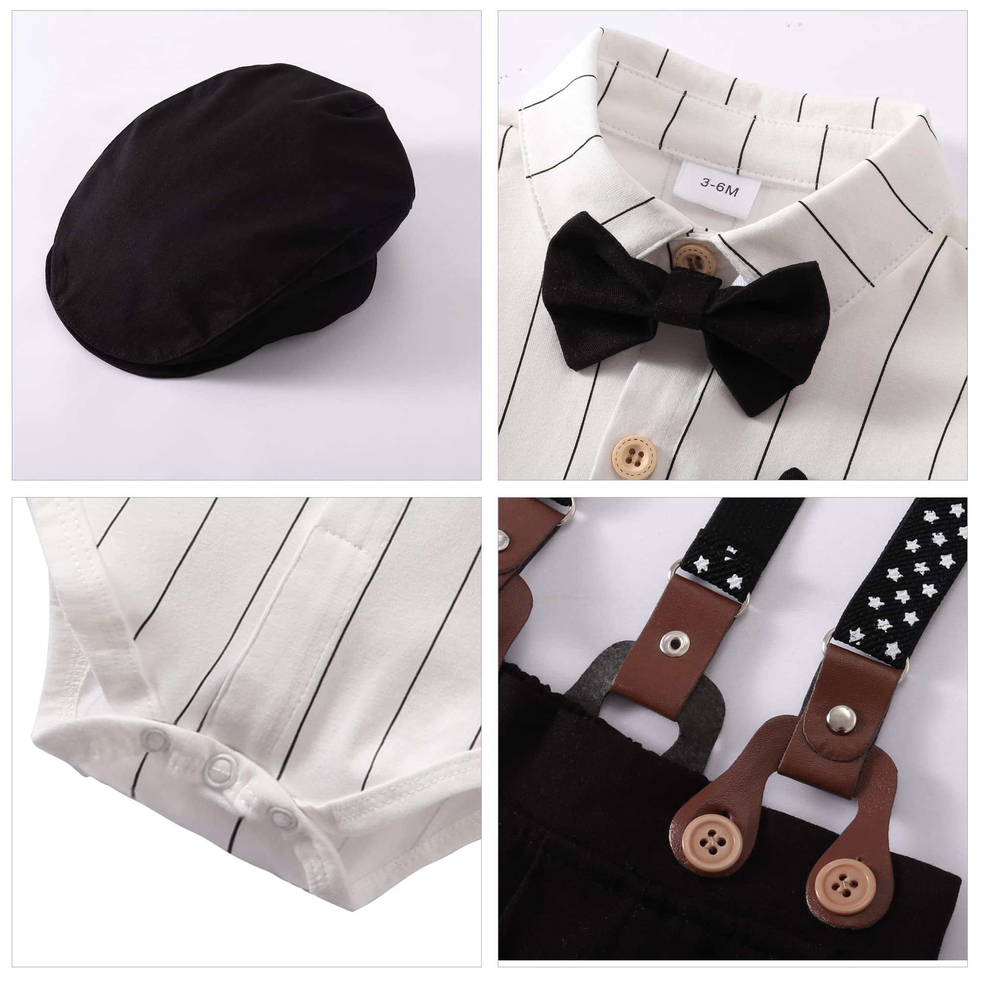 CARETOO Baby Boy Clothes Infant Formal Dress Outfit Set Romper Shirt Bowtie Beret Suspender Trousers 0-24M 4Pcs Church Wedding Baptism Suit Cotton Fabric