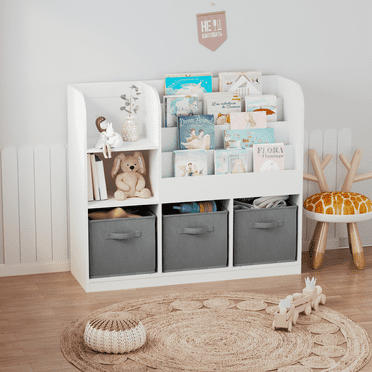 MIDODO Kids Bookshelf and Toy Organizer, 4 Tier Wooden Kids Book Shelf with 3 Collapsible Fabric Drawers Display Stand for Kids Room Playroom Nursery