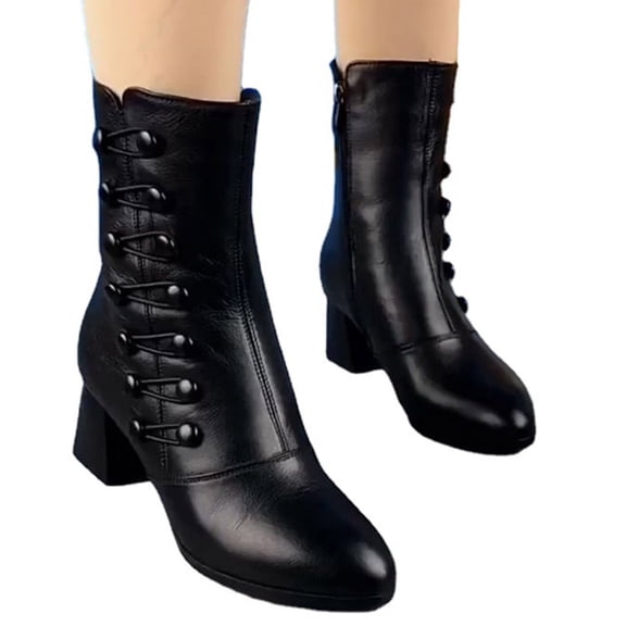 BLTIBY Women's Midheel Mid Calf Boots Shoes Pointed Toe with Side Zipper Solid Colour Fall Booties Fashion Shoes Black 35