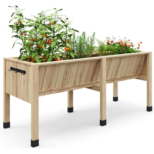 QinaQin Huerto elevado de madera de 72 x 26 x 31 pulgadas con patas, profundidad de 13.7 pulgadas y ganchos laterales, ideal para patio o balcón