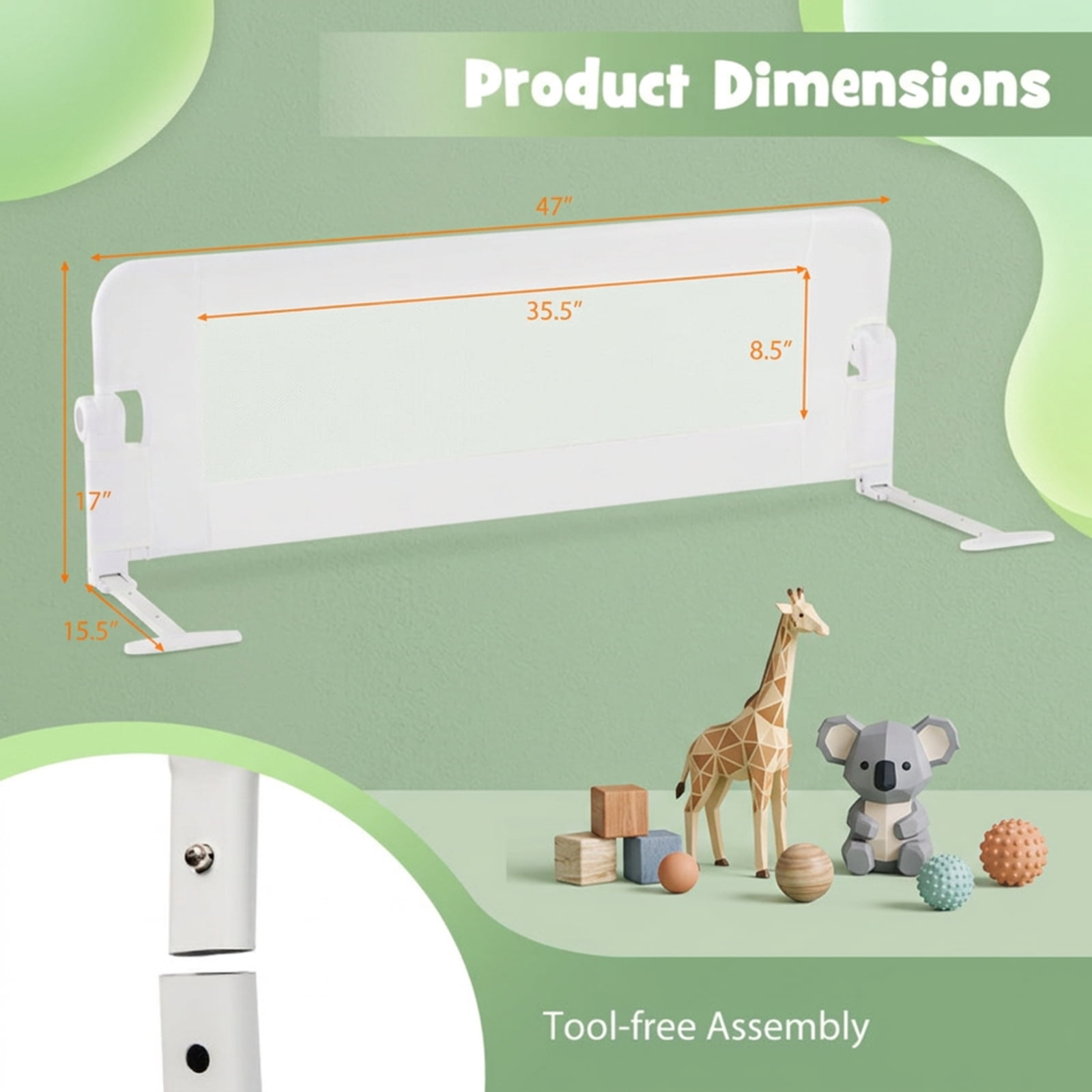 SUGIFT 47 Inch Compact Foldable Bed Side Rails Swing Down Guard with Waterproof Oxford Cloth PP Cotton Padding Breathable Mesh T Shaped Legs and Adjustable Strap, White