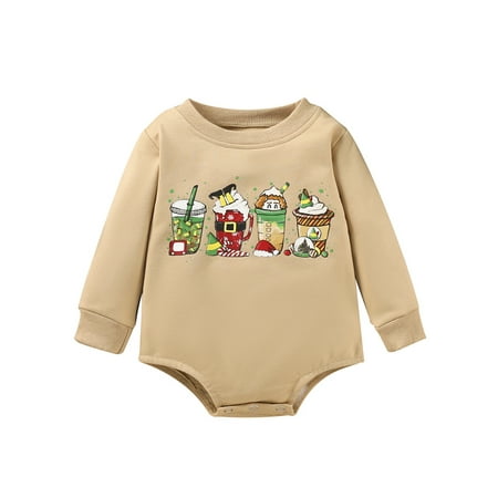 

Grianlook Baby Ribbed Long Sleeve Romper Xmas Cartoon Print Crew Neck Jumpsuit Christmas Buttons Bodysuit Beige 80cm