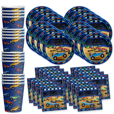 Monster Truck Birthday Party Supplies Set Plates Napkins Cups Tableware Kit for 16