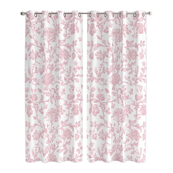 Pink Flower Window Curtains Panels with Silver Grommet, Vintage Farmhouse Boho Leaf Spring Solid Kitchen Cafe Curtain Draperies Window Treatment Set for Living Room/Bedroom/Laundry/Bathroom, 84x84