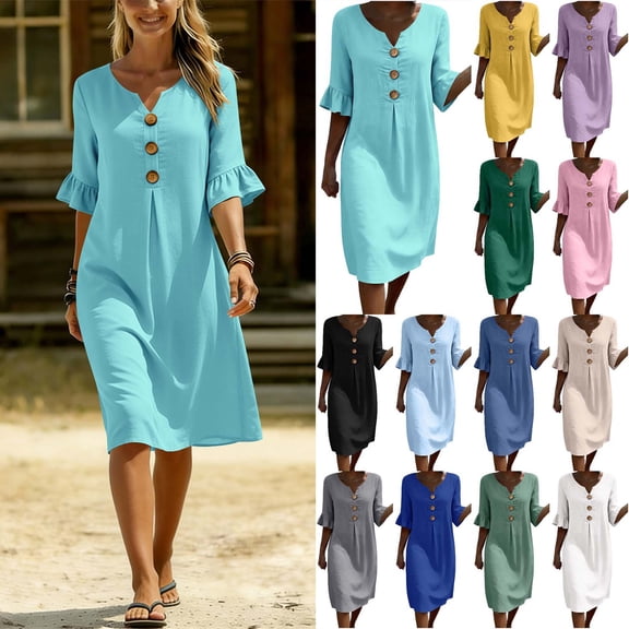 DYTTDG Women's V-Neck Button Down Midi Dress, Casual Loose Fit Ruffle Short Sleeve Tunic Dress with Pockets
