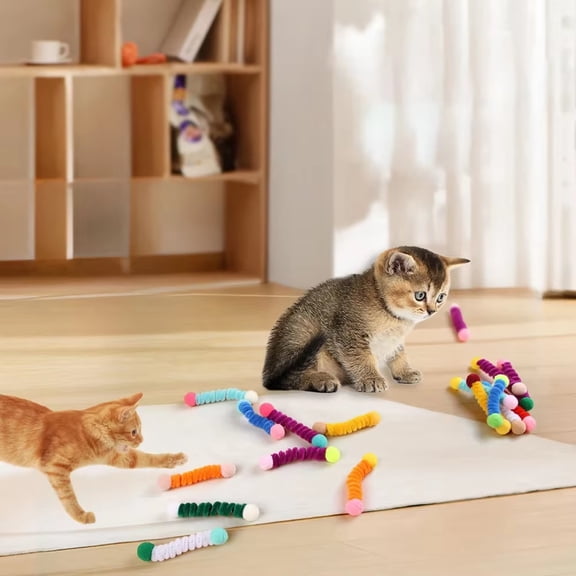 Cat Self Play Toys, Cat Enrichment Toys, 4*0.4in Plush Soft Toys, Caterpillar Sticks, Cat Stimulation, Indoor Play, Assorted Hues, 12 Pc