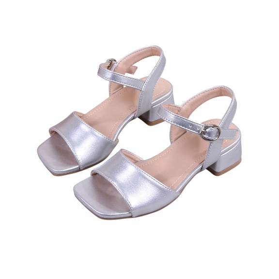 hoksml Girls Metallic Square Toe Block Heel Sandals, Adjustable Buckle Strap Dress Shoes for Wedding, Pageant and Party Occasions