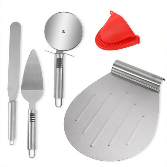 5Pcs Pizza Kit - Stainless Steel 11 Inch Round Oven Pizza Peel Pizza Cutter Pizza Shovel Butter Spatula Anti-Scald Mitt Food Serving for Pizza Cake Pie Tart Cookies Dessert