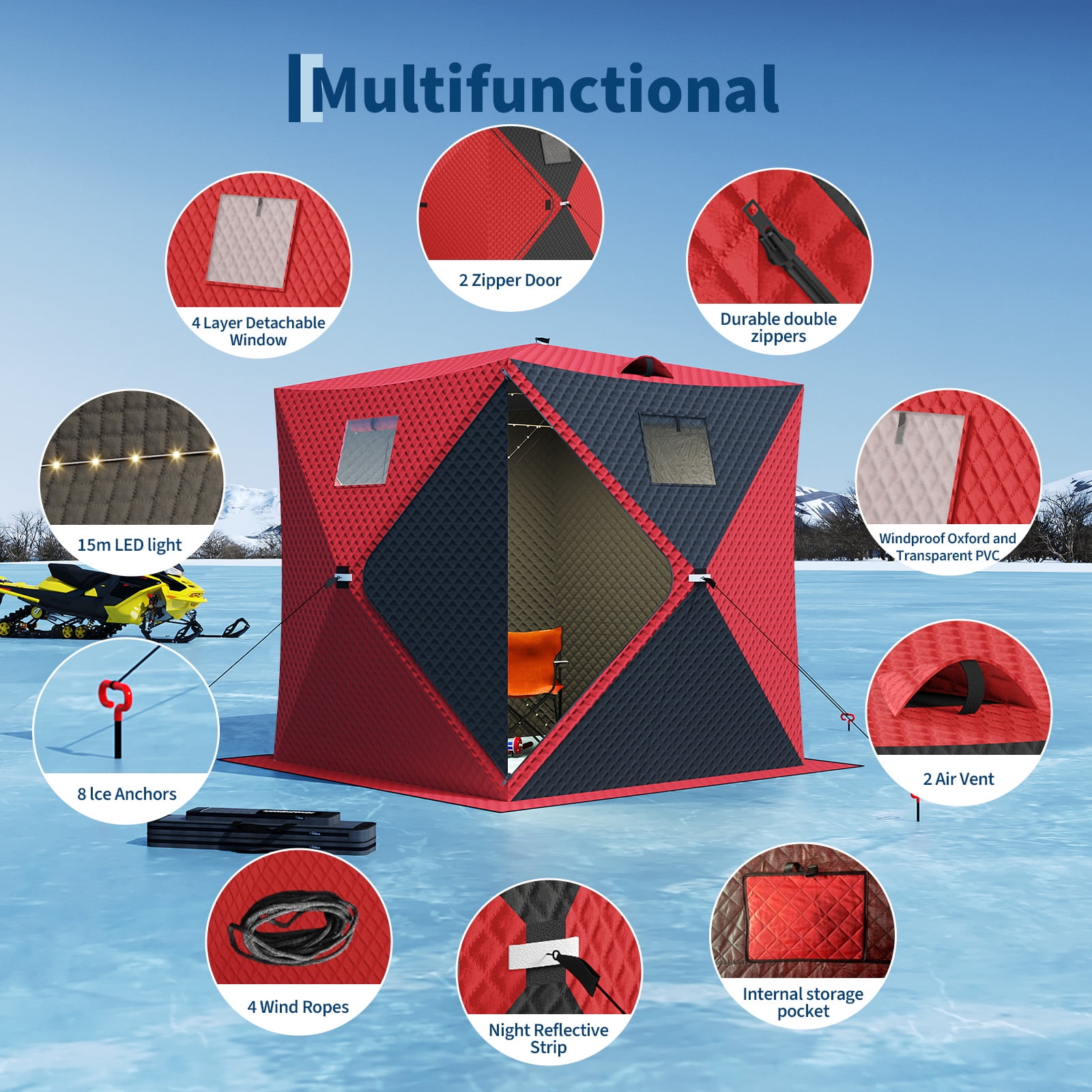COZONY 60*60*76.2"Ice Fishing Tent w/ 15m LED Light Strip,battery box,Windproof Hub Design & Spacious Fishable Area