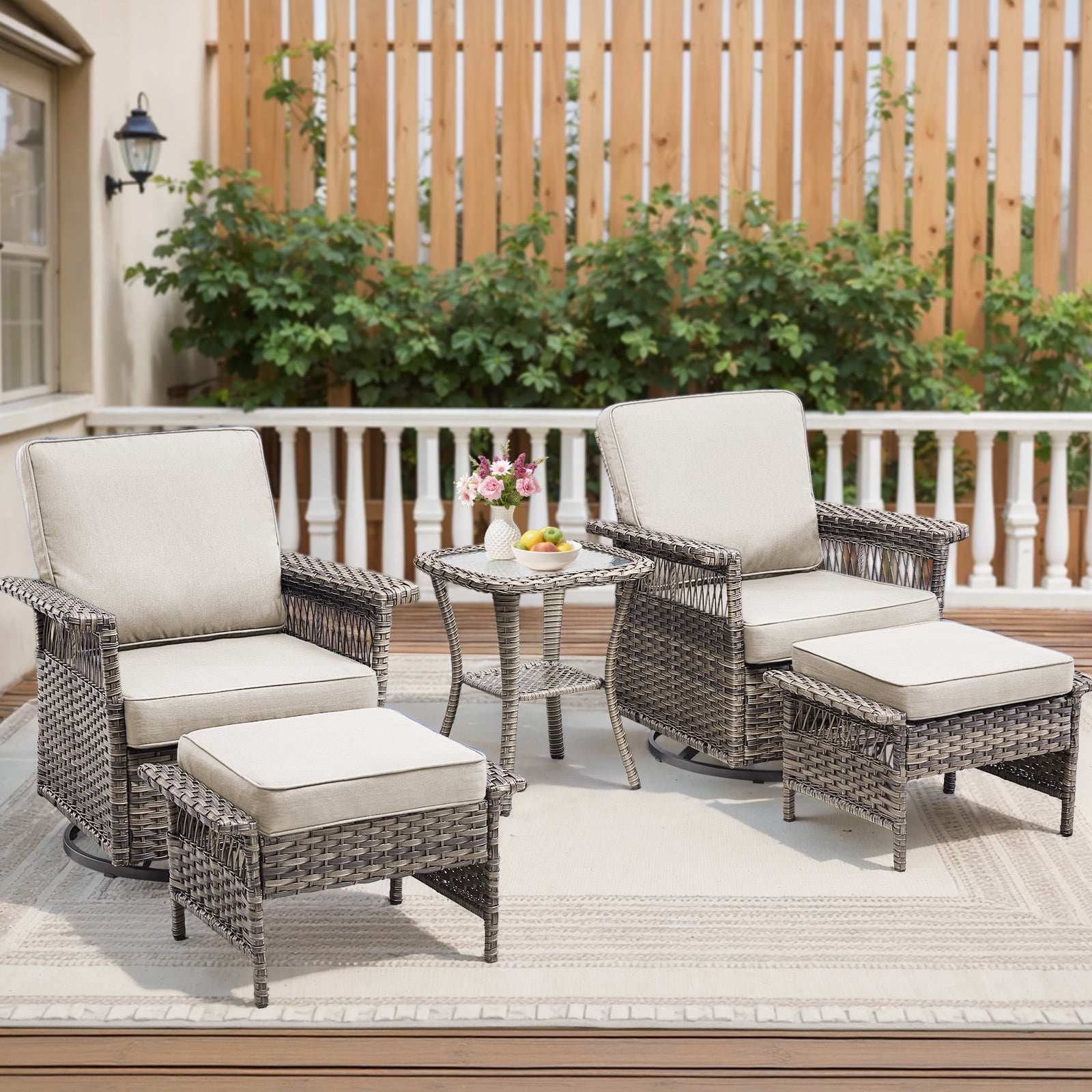 Lumiinofami 5 Piece Patio Furniture Set, Wicker Outdoor Patio Conversation Swivel Glider Rocker Chairs Set with Ottomans and Storage Side Table for Balcony Deck Garden, Beige Cushions