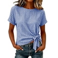 thumbnail image 5 of Women's Gingham Cotton Tops Summer Oversized Crew Neck Bow Tie Waist Blouse Fashion Casual Short Sleeve Daily Wear Shirt Blue, 5 of 5