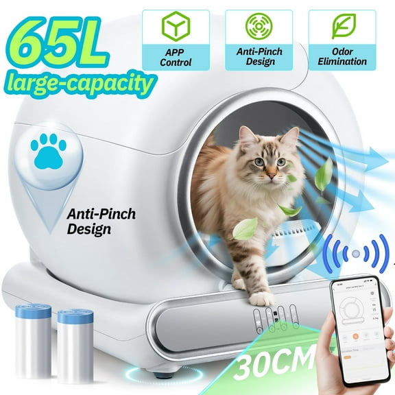 Self Cleaning Cat Litter Box, Automatic Cat Litter Box for Multiple Cats, Sensor Protection, 65L Capacity, Wifi APP Control, Odor Removal, 2 Rolls Liner