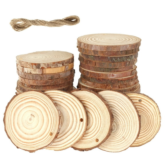 Lieonvis 30pcs Natural Wood Slices Unfinished Wooden Log Kit Predrilled Wood Chip with Rope Round Wooden Circles for Arts Painting DIY Crafts Wedding Decorations Christmas Ornaments