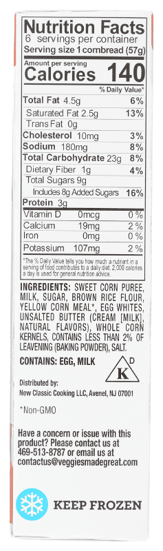 Veggies Made Great Homestyle Cornbread, 12 Ounce, 6 Count Box, (Frozen)