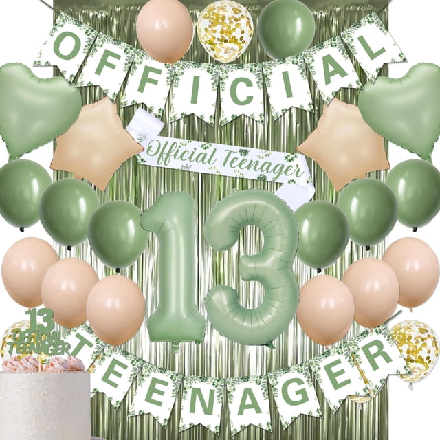 Kit de decoración de cumpleaños oficial para adolescentes de 13 años, color verde salvia