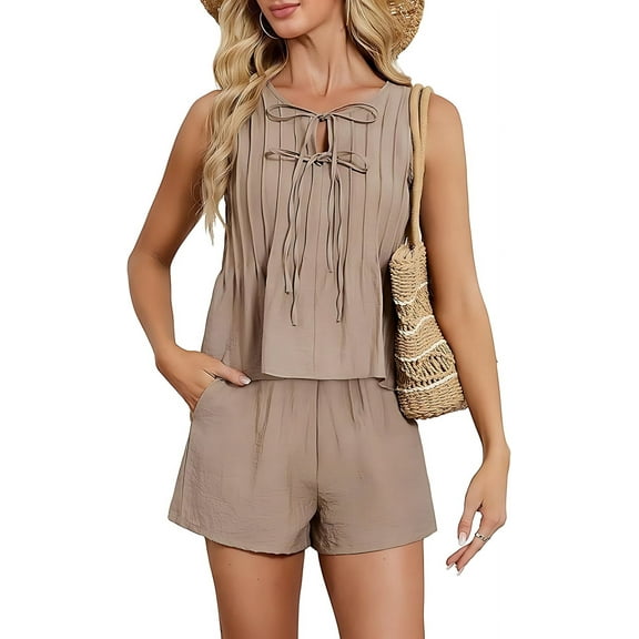 Women'S Summer Two-Piece Sleeveless Linen Suit Khaki XL